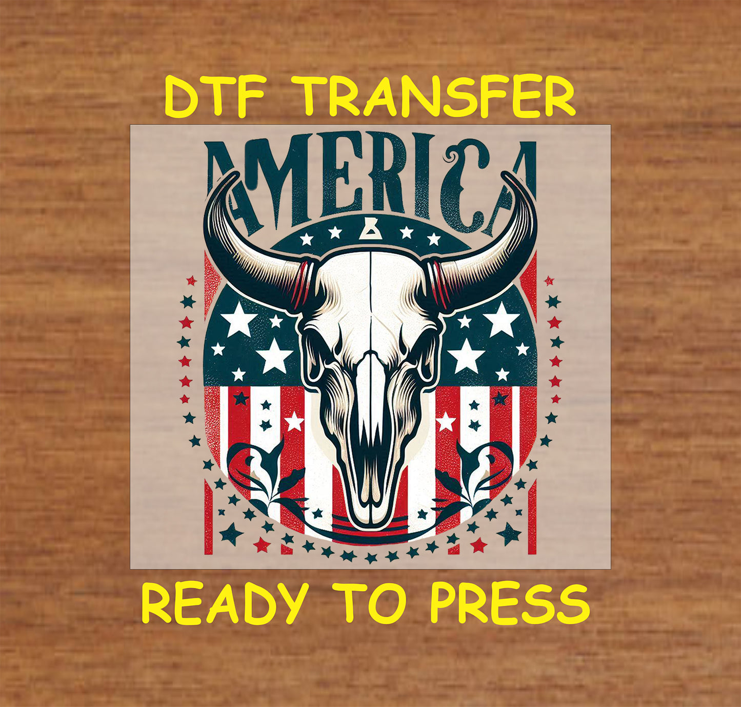 Patriotic bull skull with American flag background and stars.