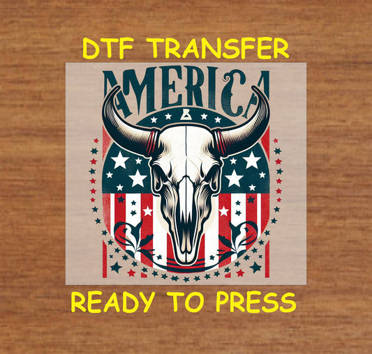 Patriotic bull skull with American flag background and stars.