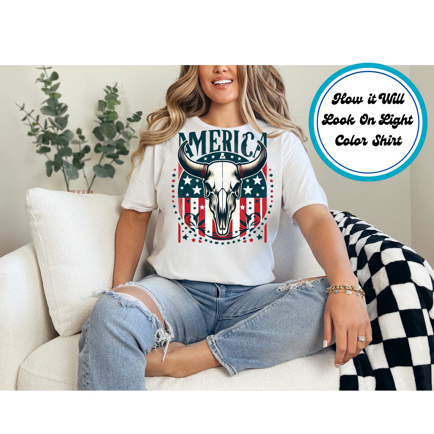 4th Of July DTF Transfer Iron On Heat Transfer - Ready to Press, Western Patriotic Bull Skull DTF Transfer 8087