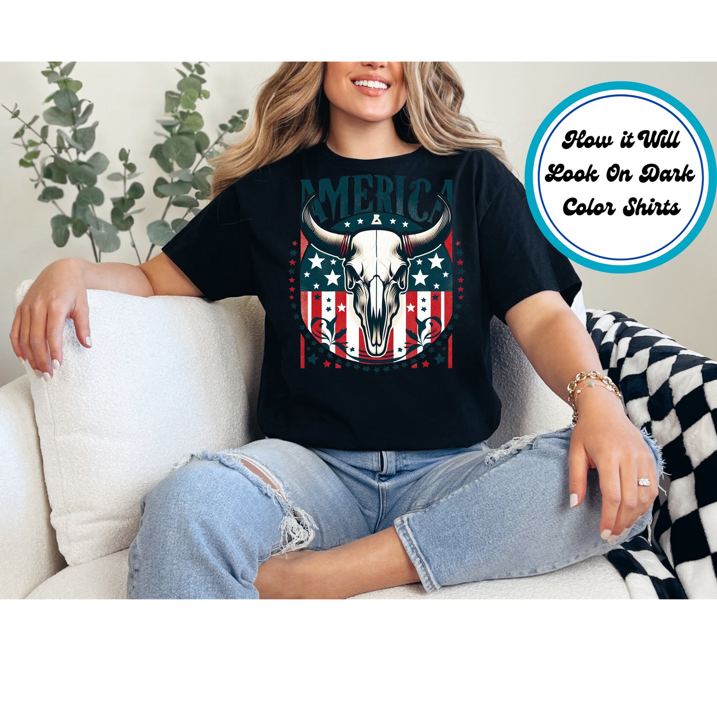 4th Of July DTF Transfer Iron On Heat Transfer - Ready to Press, Western Patriotic Bull Skull DTF Transfer 8087