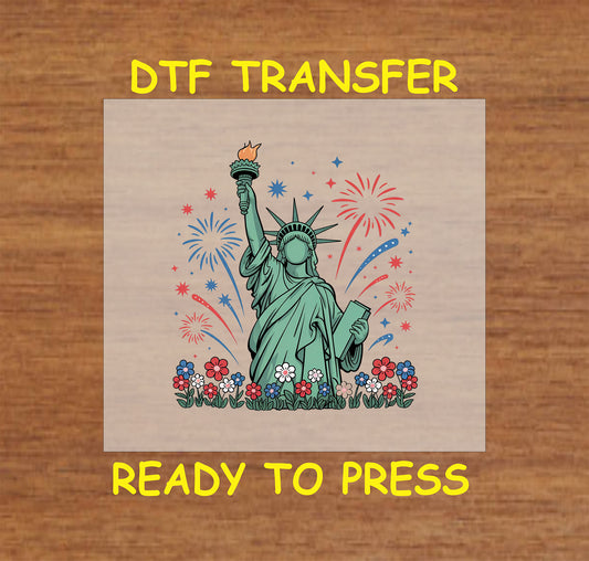 Statue of Liberty with fireworks and patriotic flowers DTF transfer.