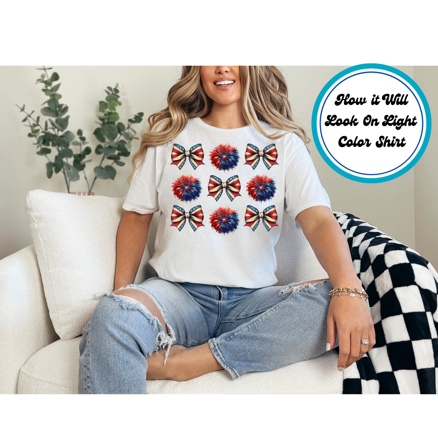4th Of July DTF Transfer Iron On Heat Transfer - Ready to Press, Patriotic Bow and Pom DTF Transfer 8101