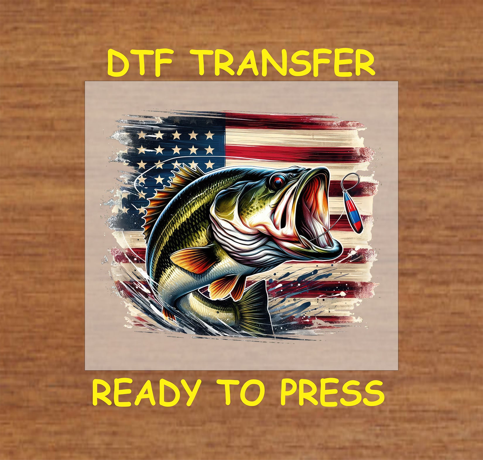 Largemouth bass attacking lure with distressed American flag background.