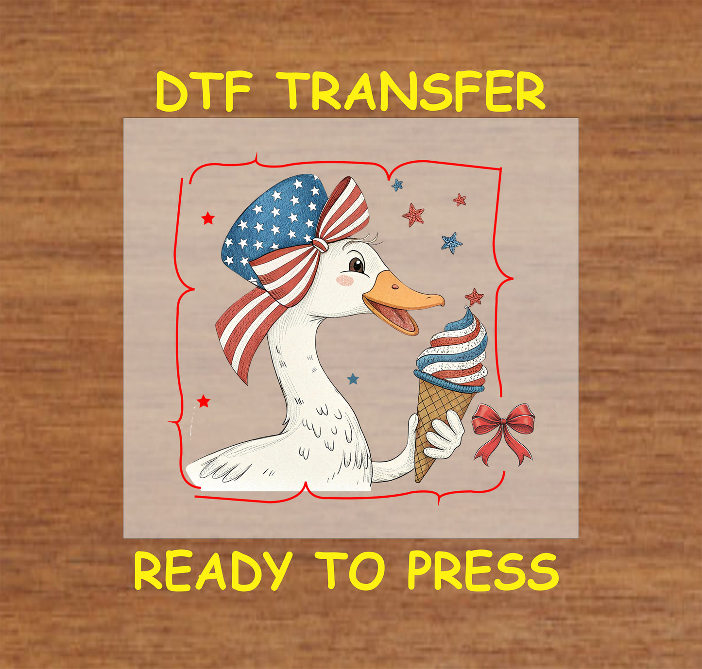 Duck with American flag bow holding red white and blue ice cream.
