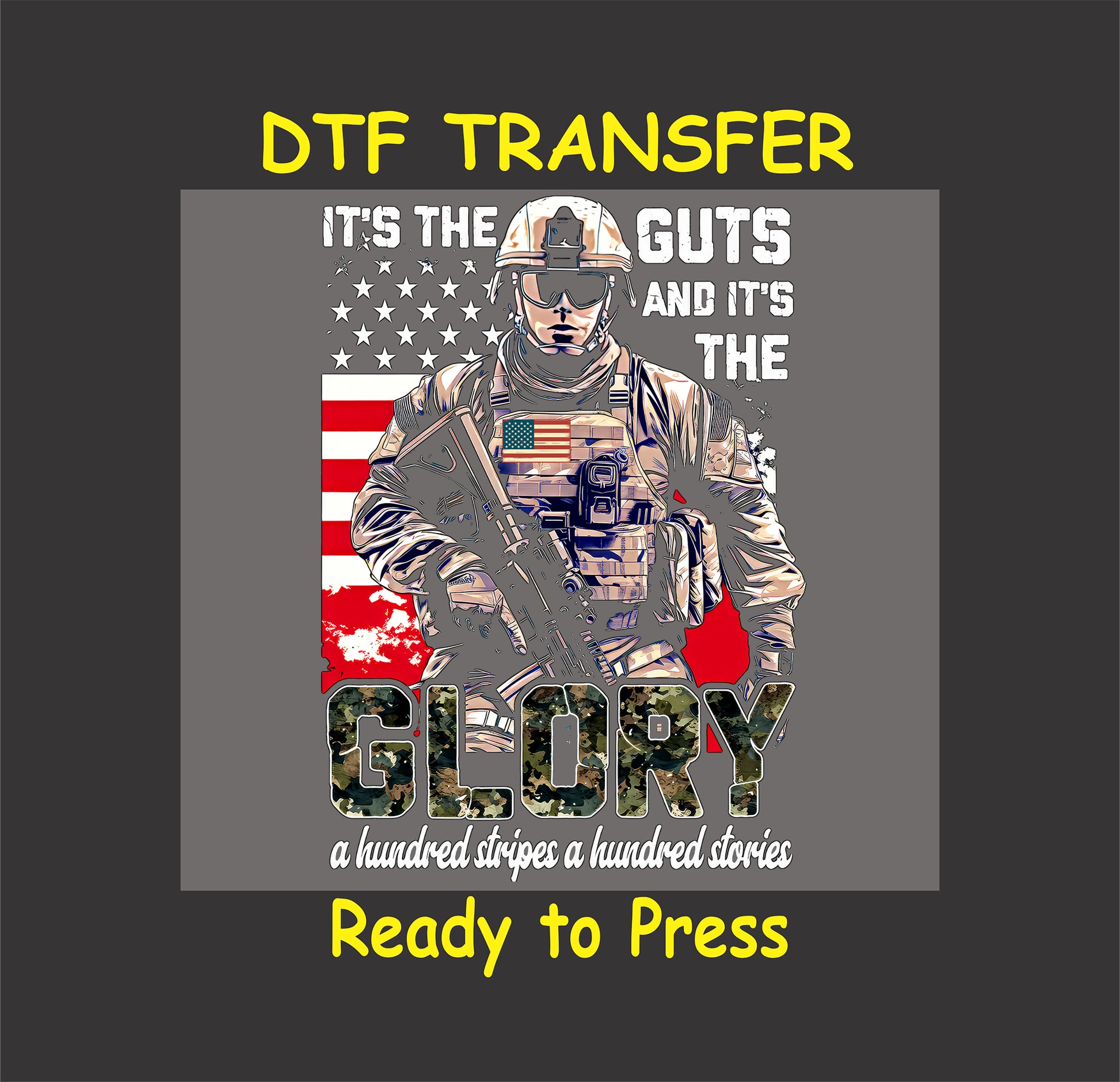 Soldier in front of American flag with camo GLORY text and patriotic quote.