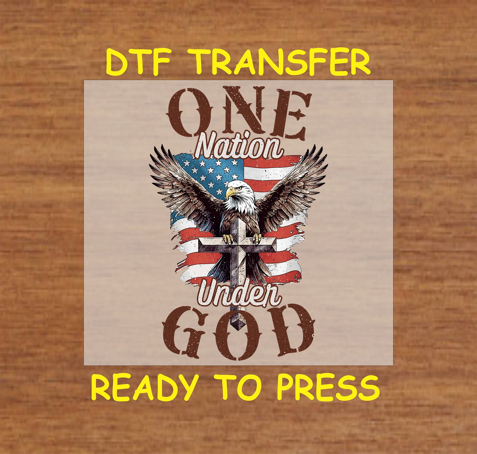 Bald eagle on cross with American flag and One Nation Under God text.