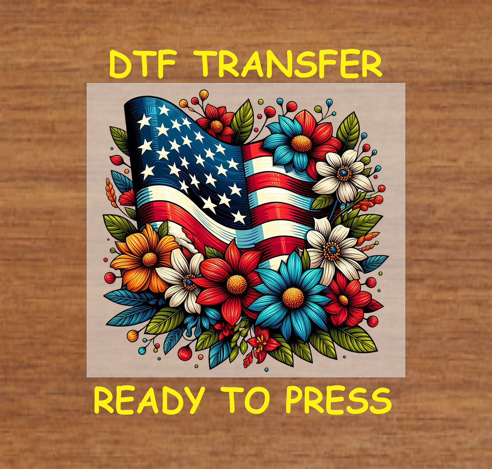 American flag with red white blue and yellow flowers.