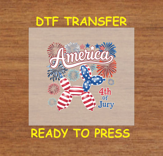 4th of July balloon dog with fireworks and America text.