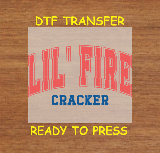 Lil Fire Cracker text in red and blue for patriotic kids shirt.