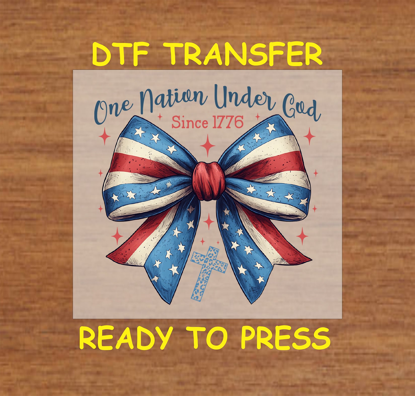 American flag bow with cross and One Nation Under God text.