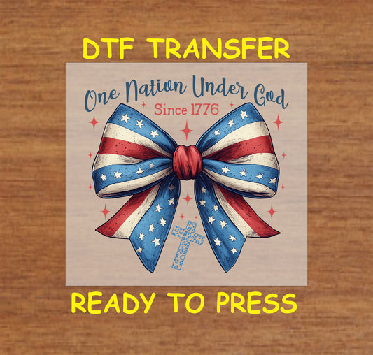 American flag bow with cross and One Nation Under God text.