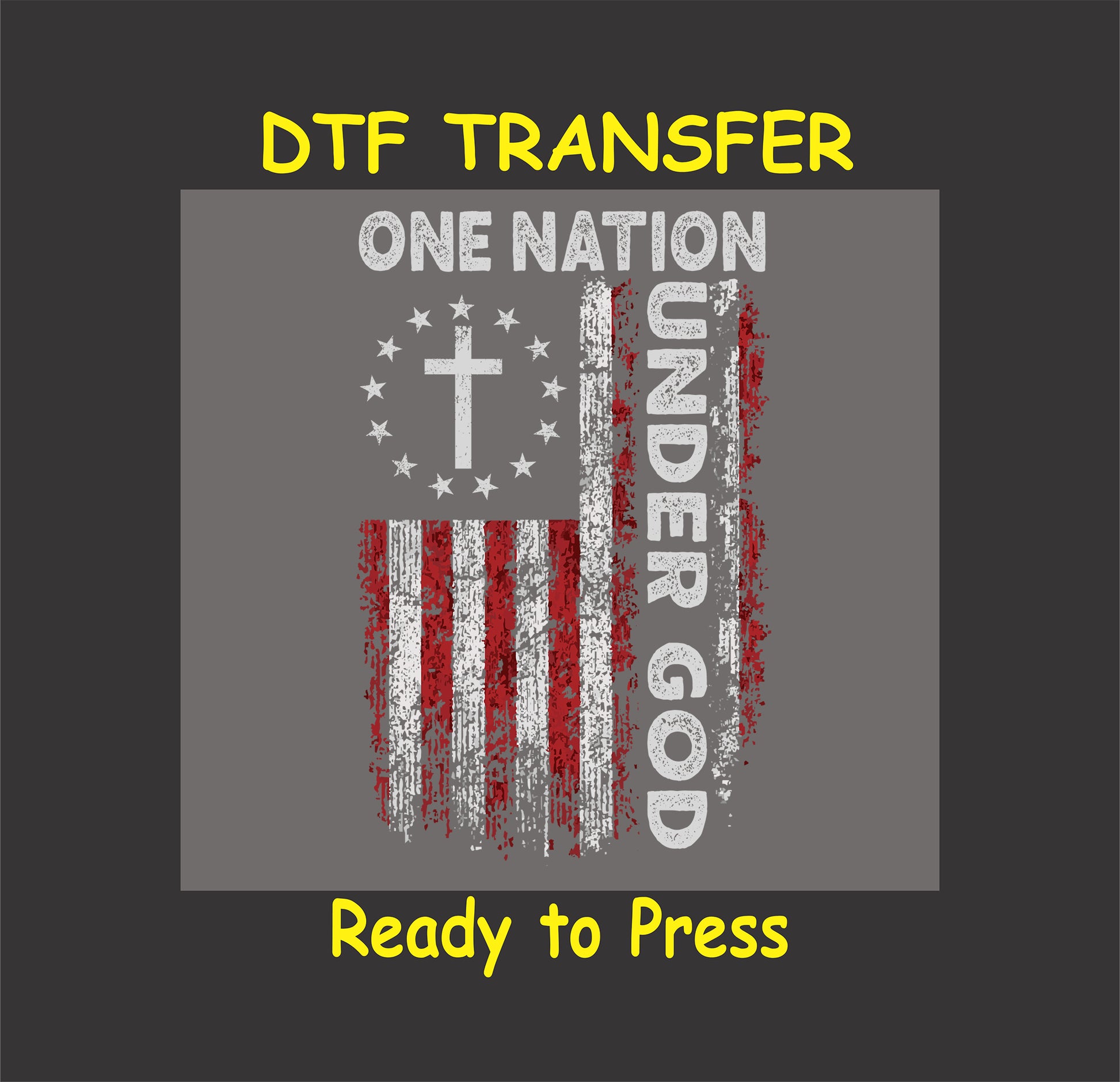 Distressed red and white flag with cross and text One Nation Under God.
