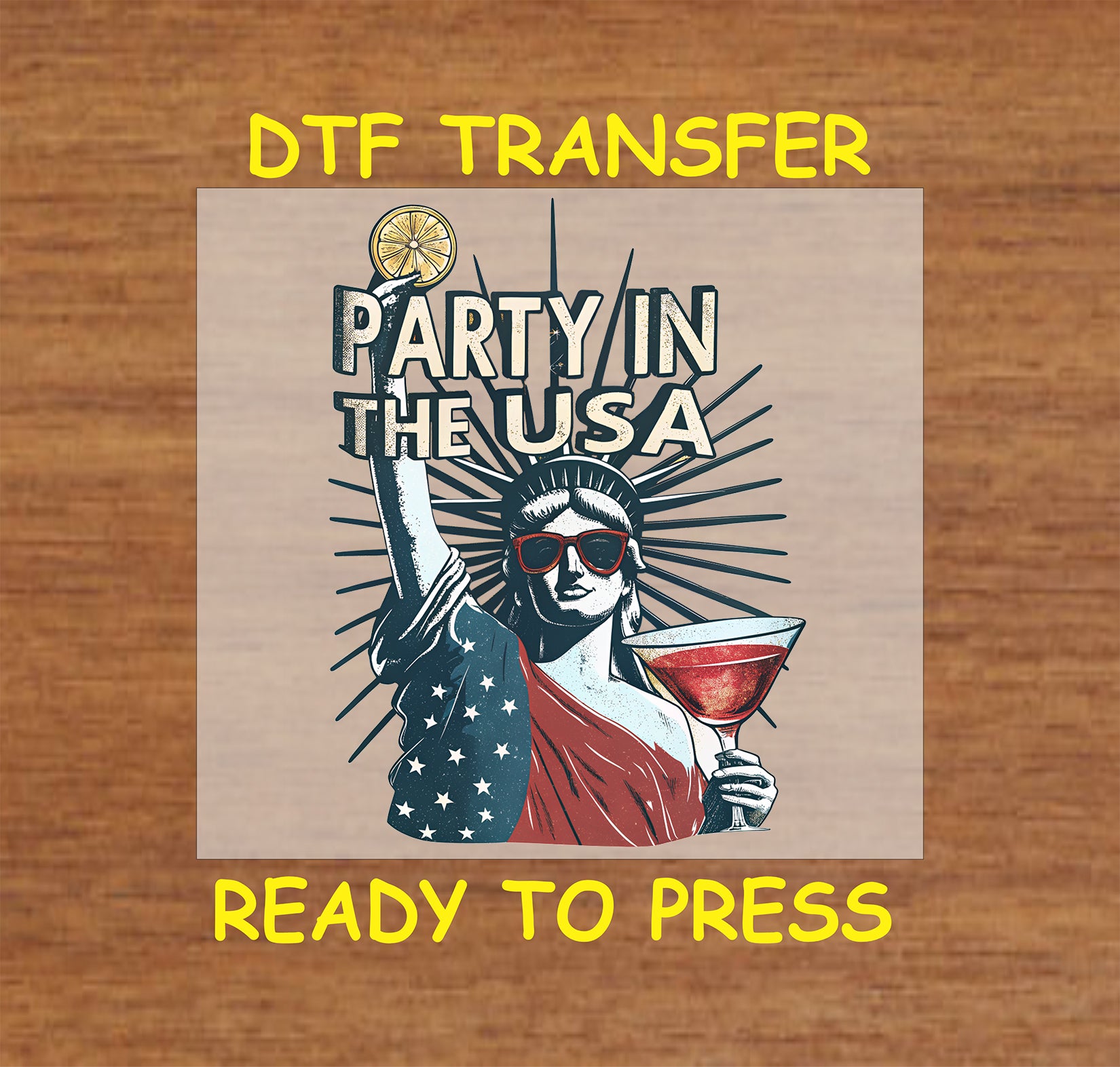 Statue of Liberty holding cocktail with Party in the USA text.


