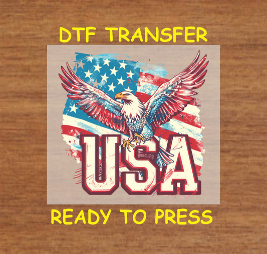 Eagle with wings spread over USA letters and American flag background.
