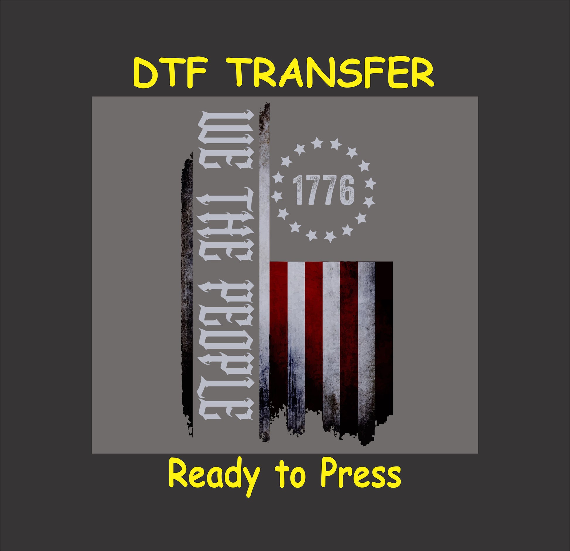 Distressed flag with We The People text and 1776 surrounded by 13 stars.