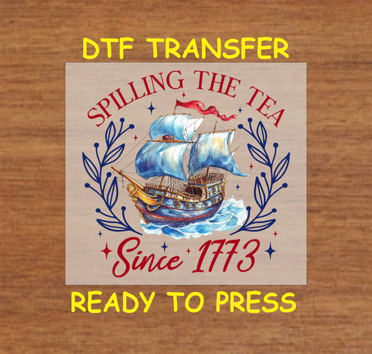 Colonial ship with blue sails and red text saying Spilling the Tea Since 1773.