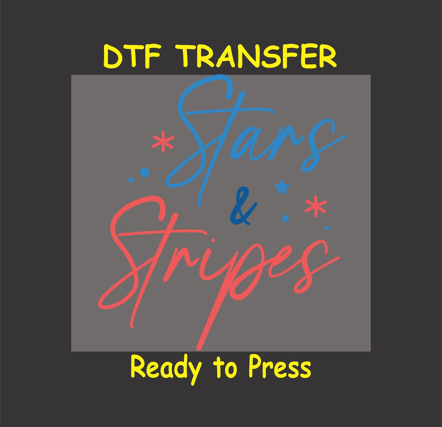 Red and blue Stars and Stripes text with star accents for DTF transfer.