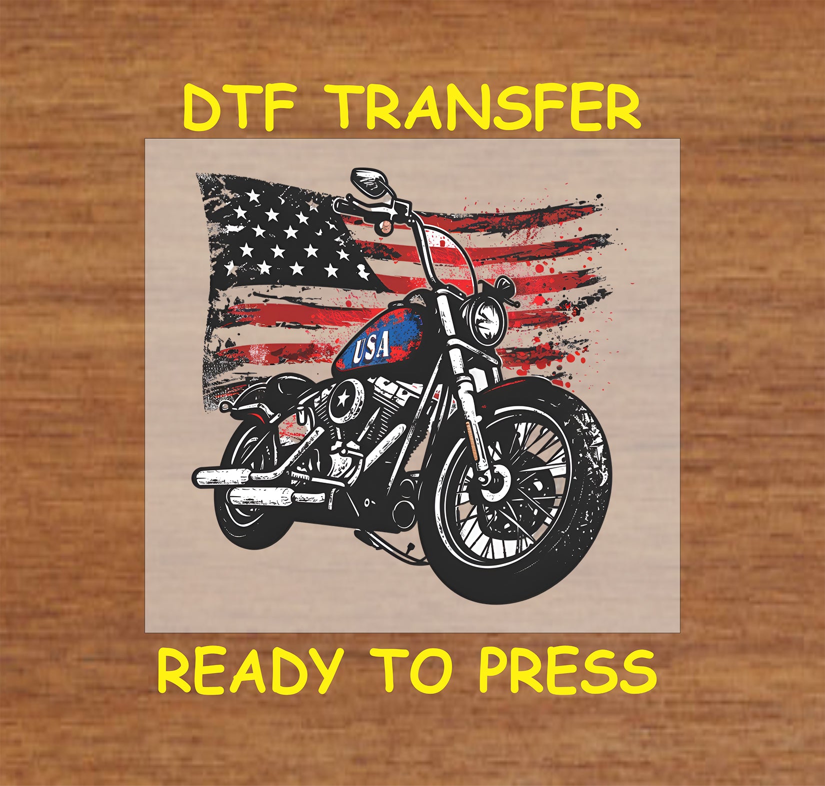 Black motorcycle with USA tank and distressed American flag background.