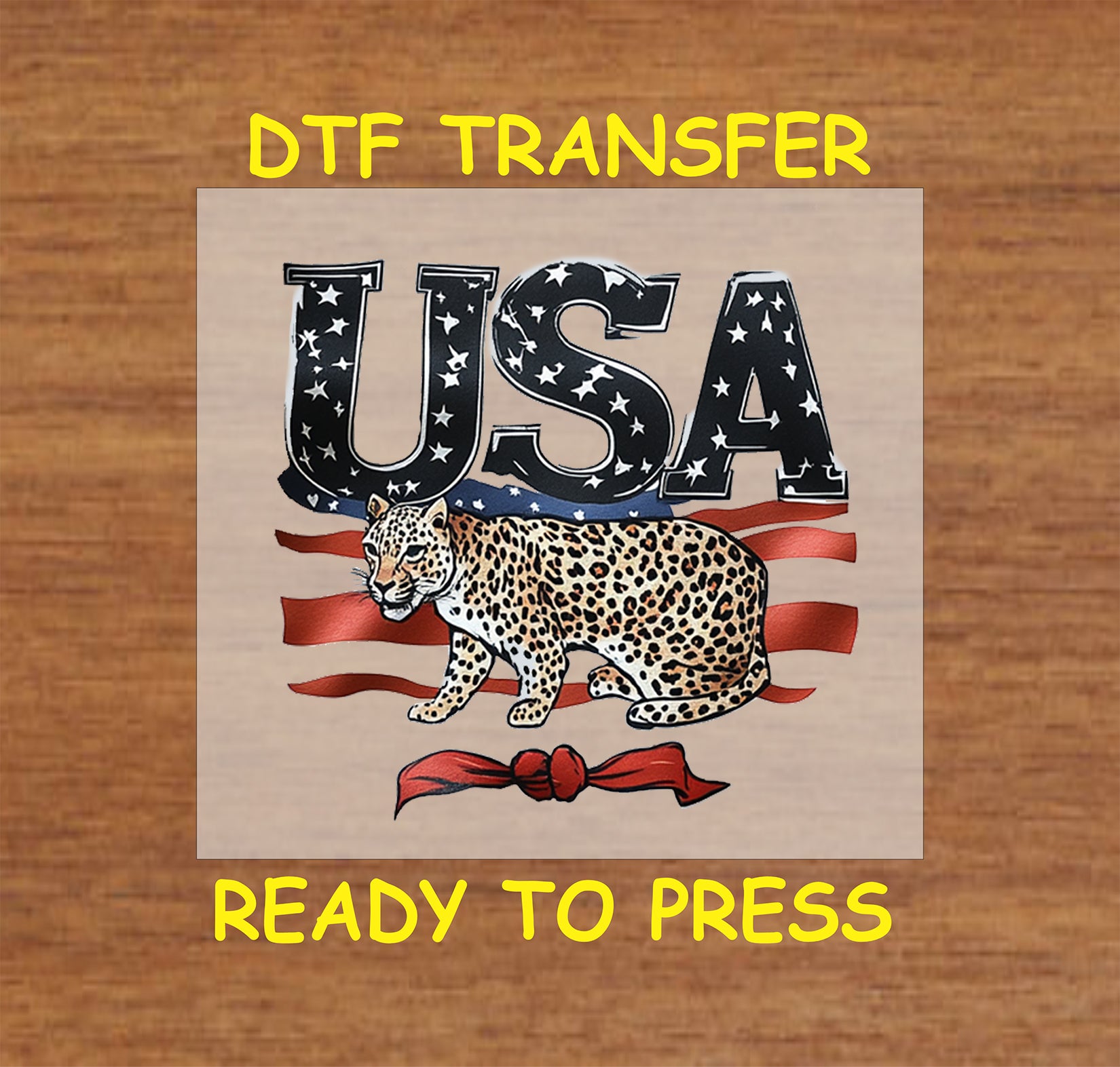USA letters with stars, leopard, and red bow.