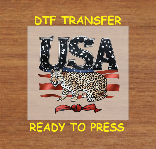 USA letters with stars, leopard, and red bow.
