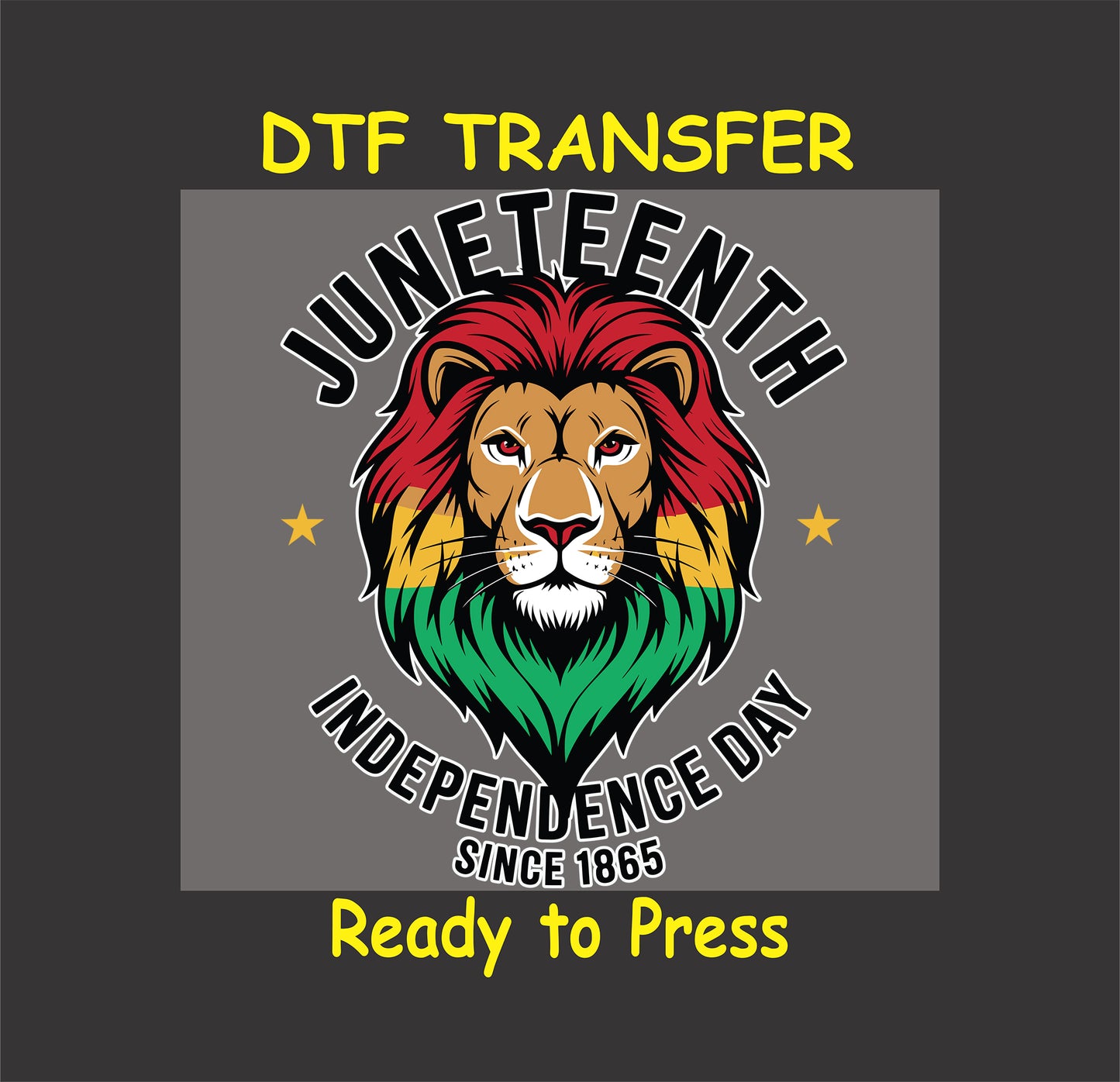 Juneteenth DTF transfer with lion and red, yellow, green mane, Independence Day text.