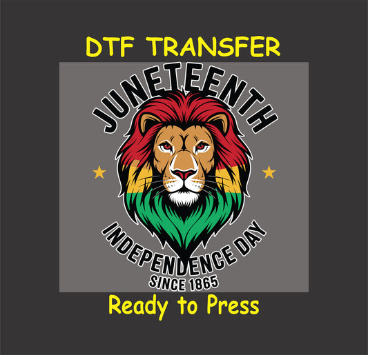 Juneteenth DTF transfer with lion and red, yellow, green mane, Independence Day text.