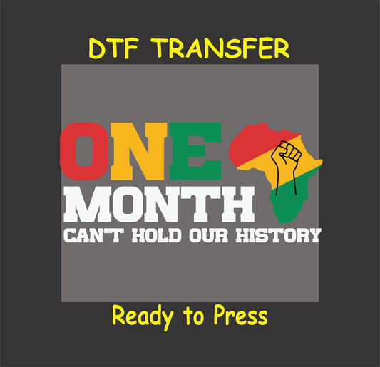 One Month Can’t Hold Our History DTF transfer with Africa map and raised fist in Pan-African colors.