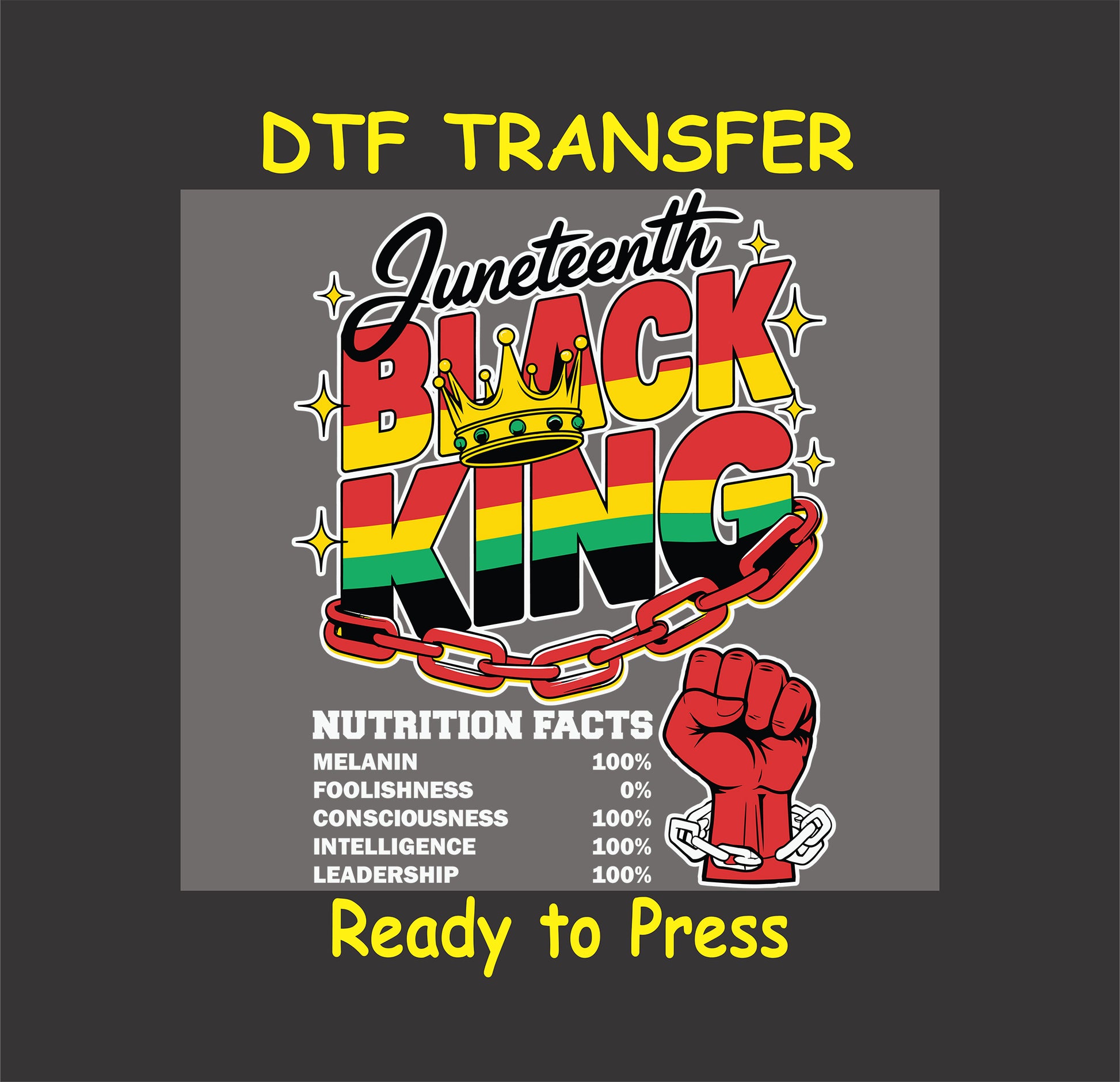 Juneteenth Black King DTF transfer with crown, red fist, broken chain, and nutrition facts.