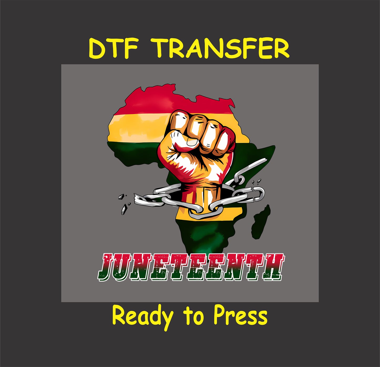 Raised fist breaking chains over Africa map with Juneteenth text.