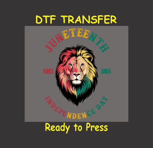 Juneteenth lion with red yellow green mane and independence text.
