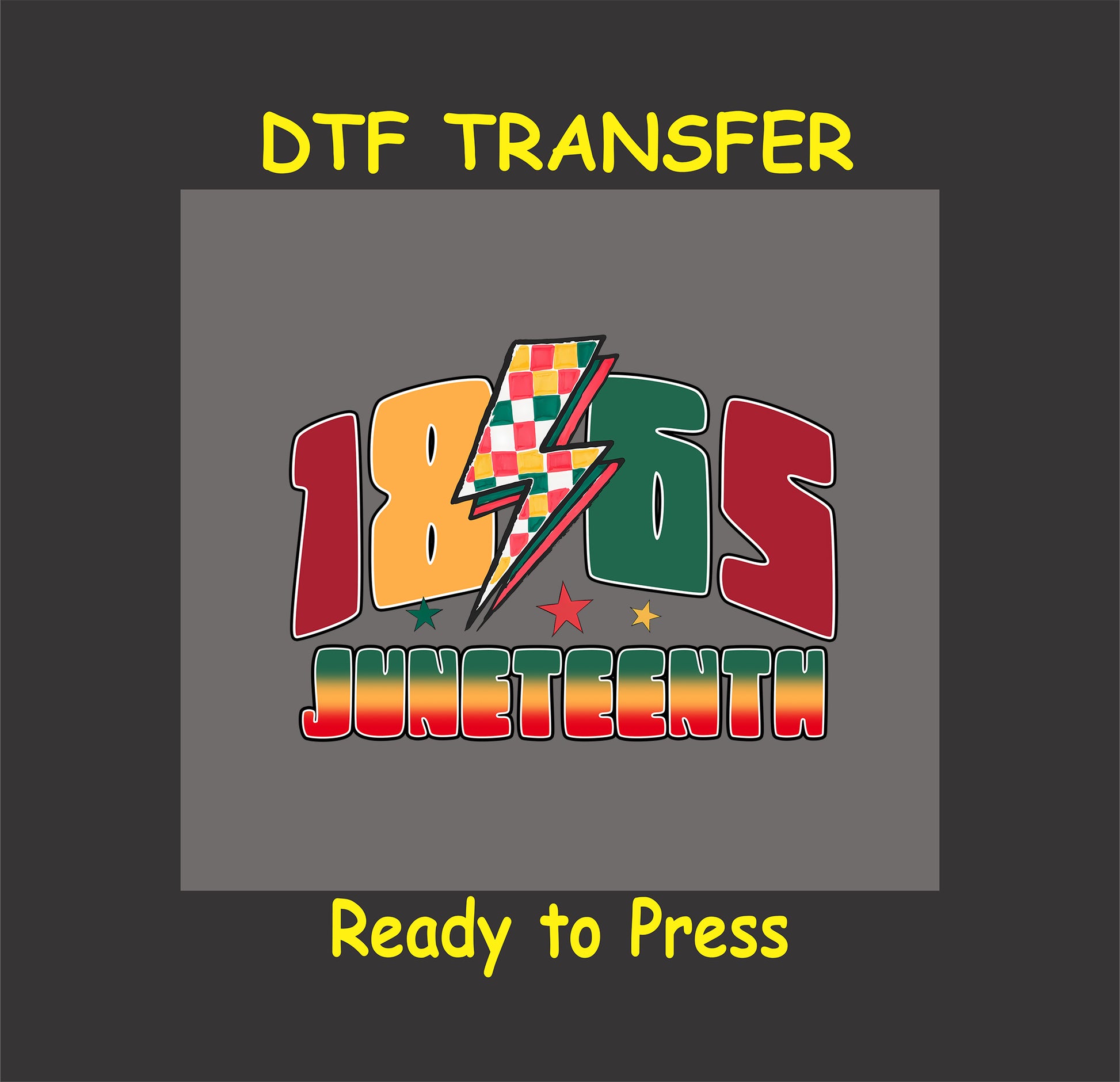 1865 Juneteenth DTF transfer with lightning bolt and tribal colors.