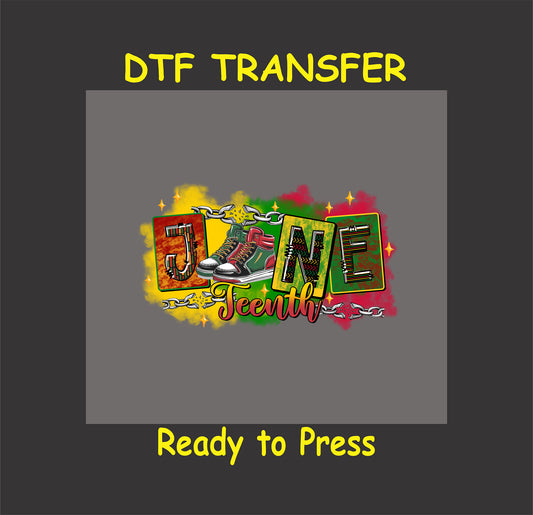 Juneteenth DTF transfer with sneakers, chains, and red green yellow blocks.