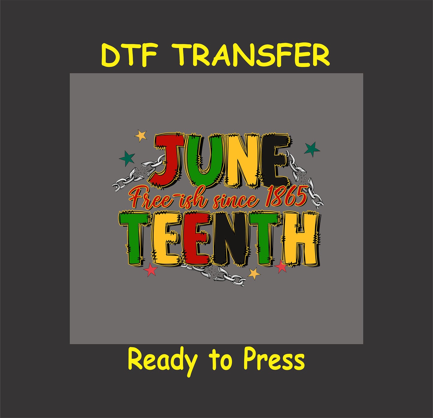 Juneteenth Free-ish Since 1865 text with distressed letters, broken chains, and red, yellow, green stars.