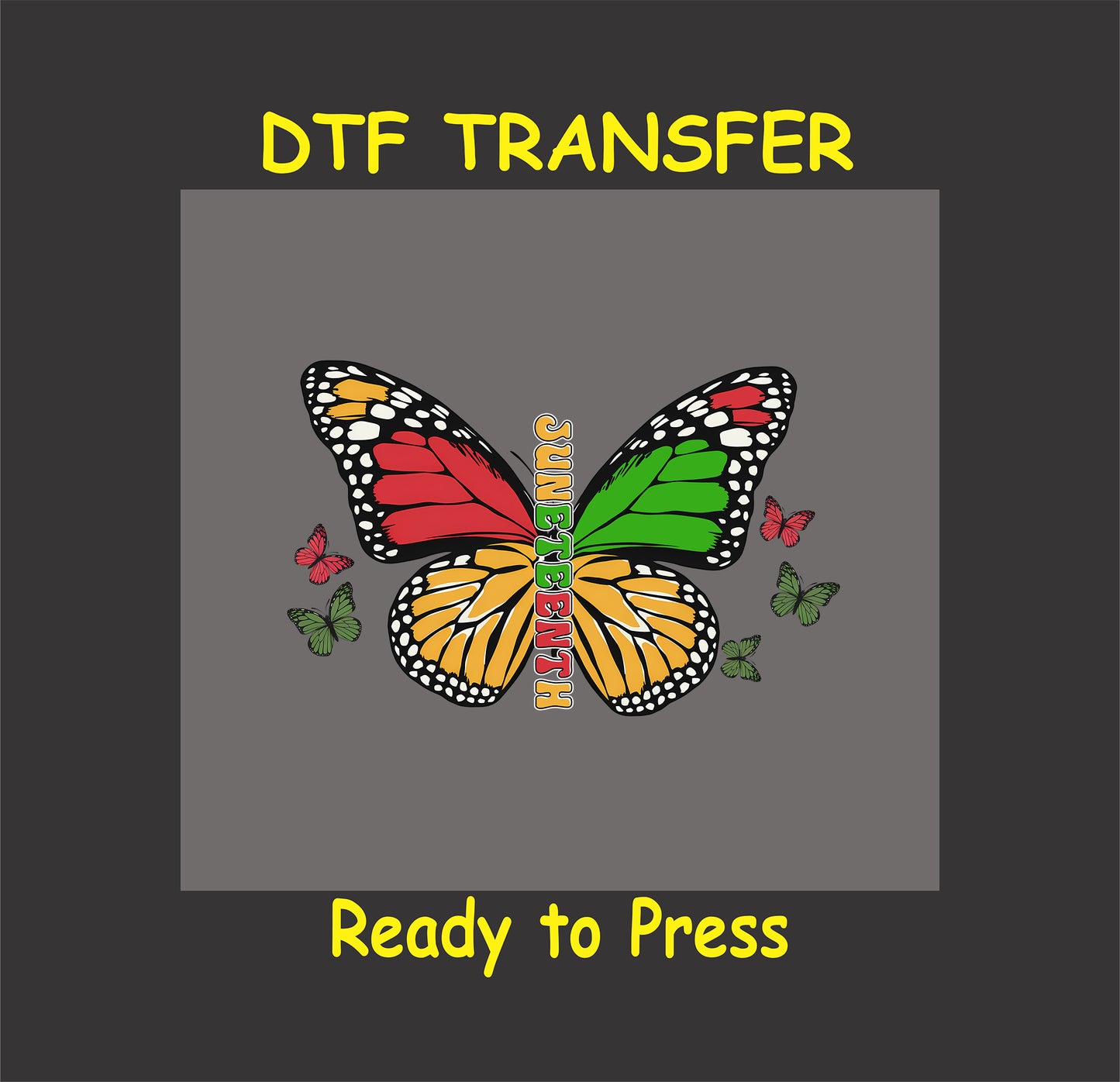 Juneteenth butterfly with red, yellow, and green wings and smaller matching butterflies.