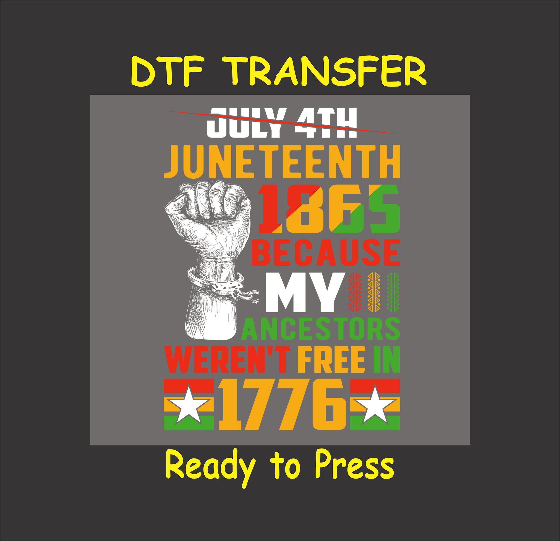 Juneteenth 1865 DTF transfer with crossed out July 4th, raised fist, and bold message about 1776.
