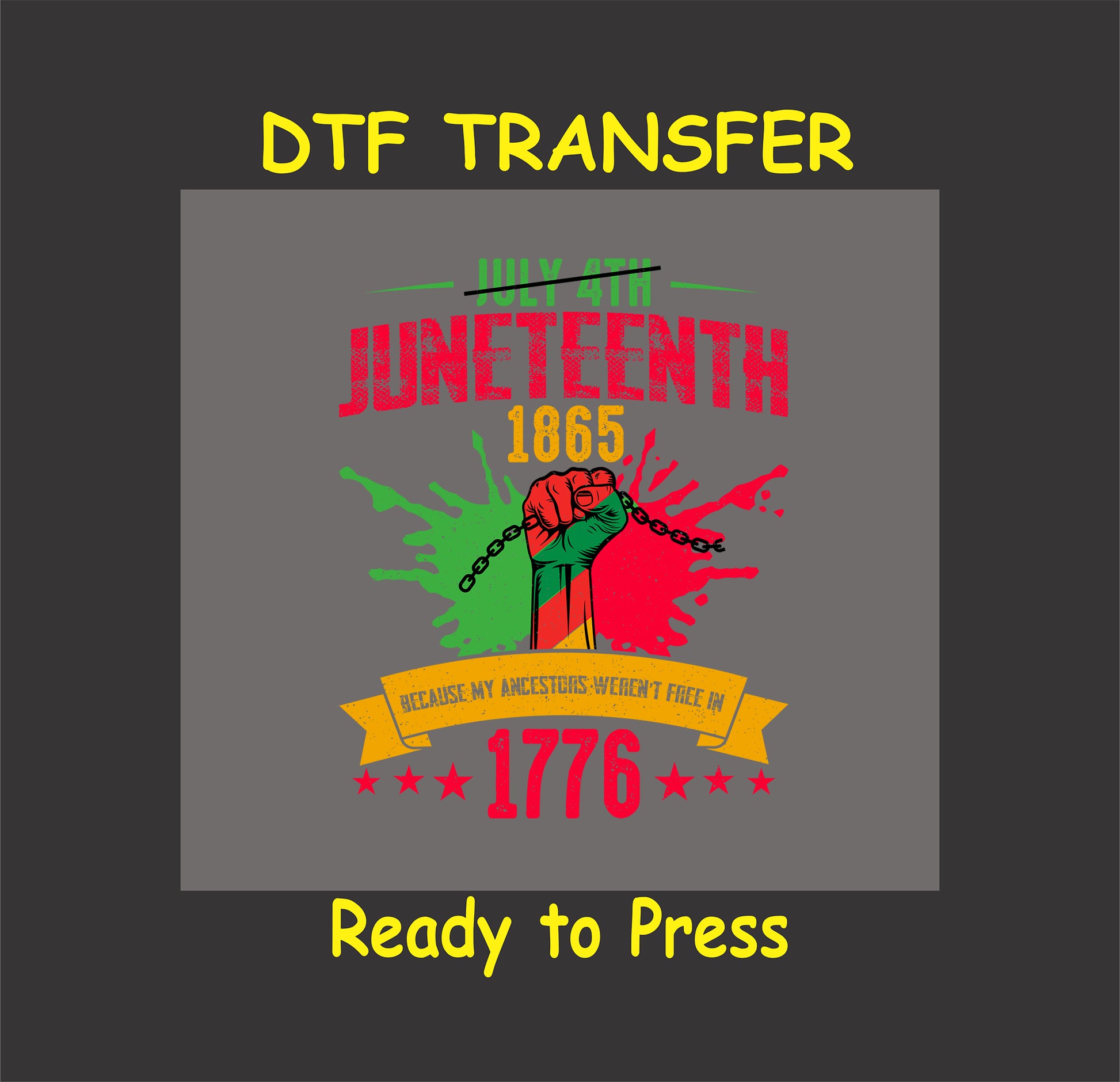 Juneteenth 1865 DTF transfer with raised fist, paint splatter, chain, and 1776 freedom message.