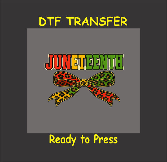 Juneteenth DTF transfer with red yellow green text and matching leopard print bow.