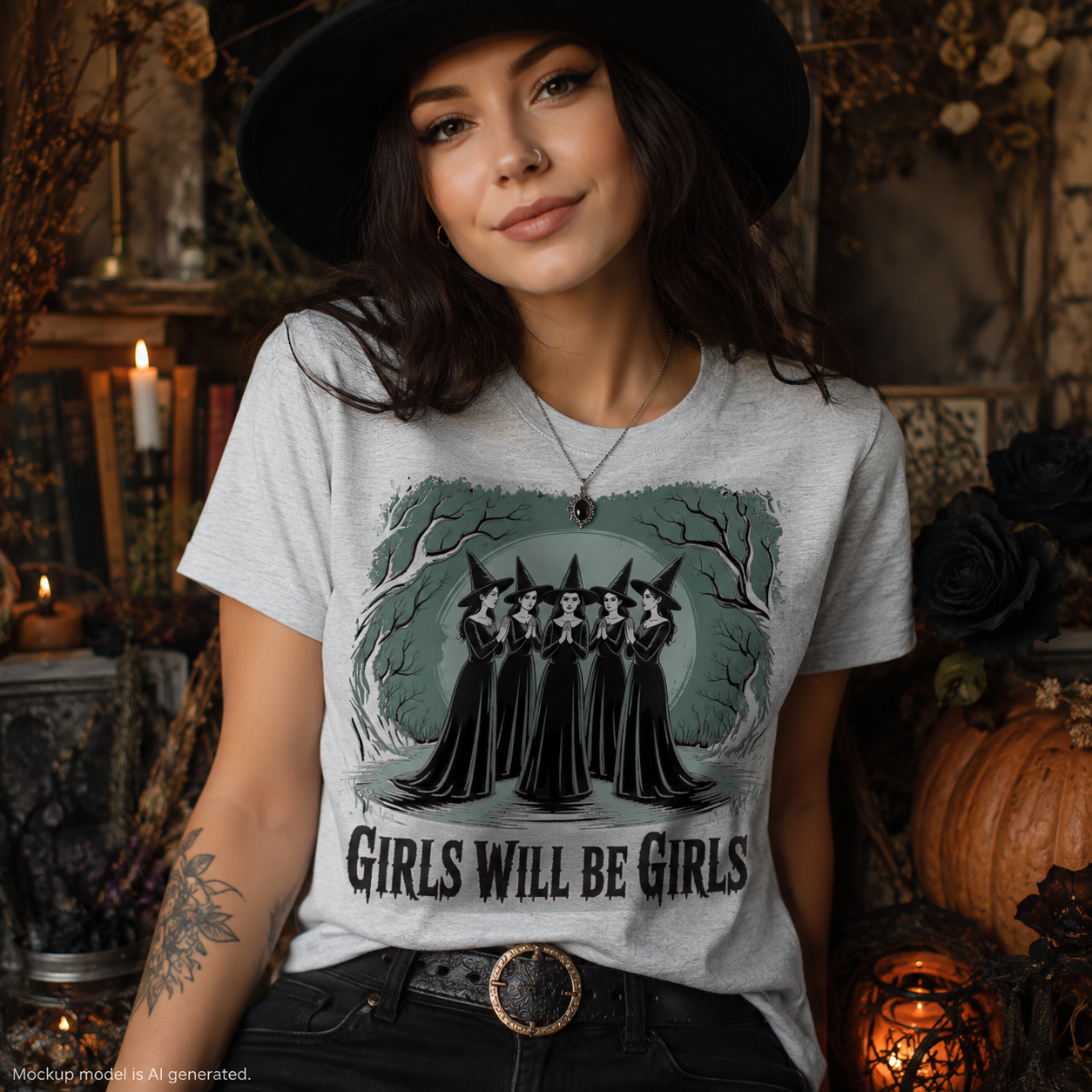 A woman wearing a light gray graphic t-shirt with a gothic witch illustration and the text 'GIRLS WILL BE GIRLS', styled with a black witch hat in a dark, atmospheric Halloween-themed setting.