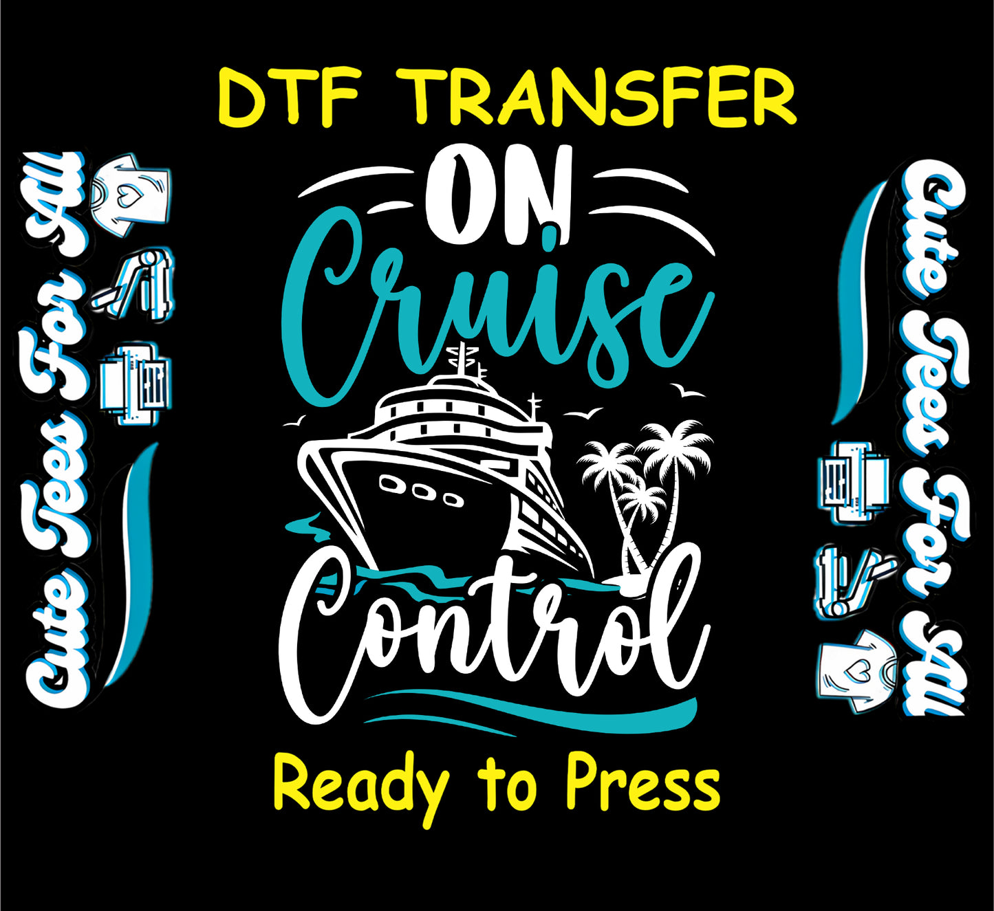 Cruise ship graphic with palm trees and text saying On Cruise Control in teal and white.