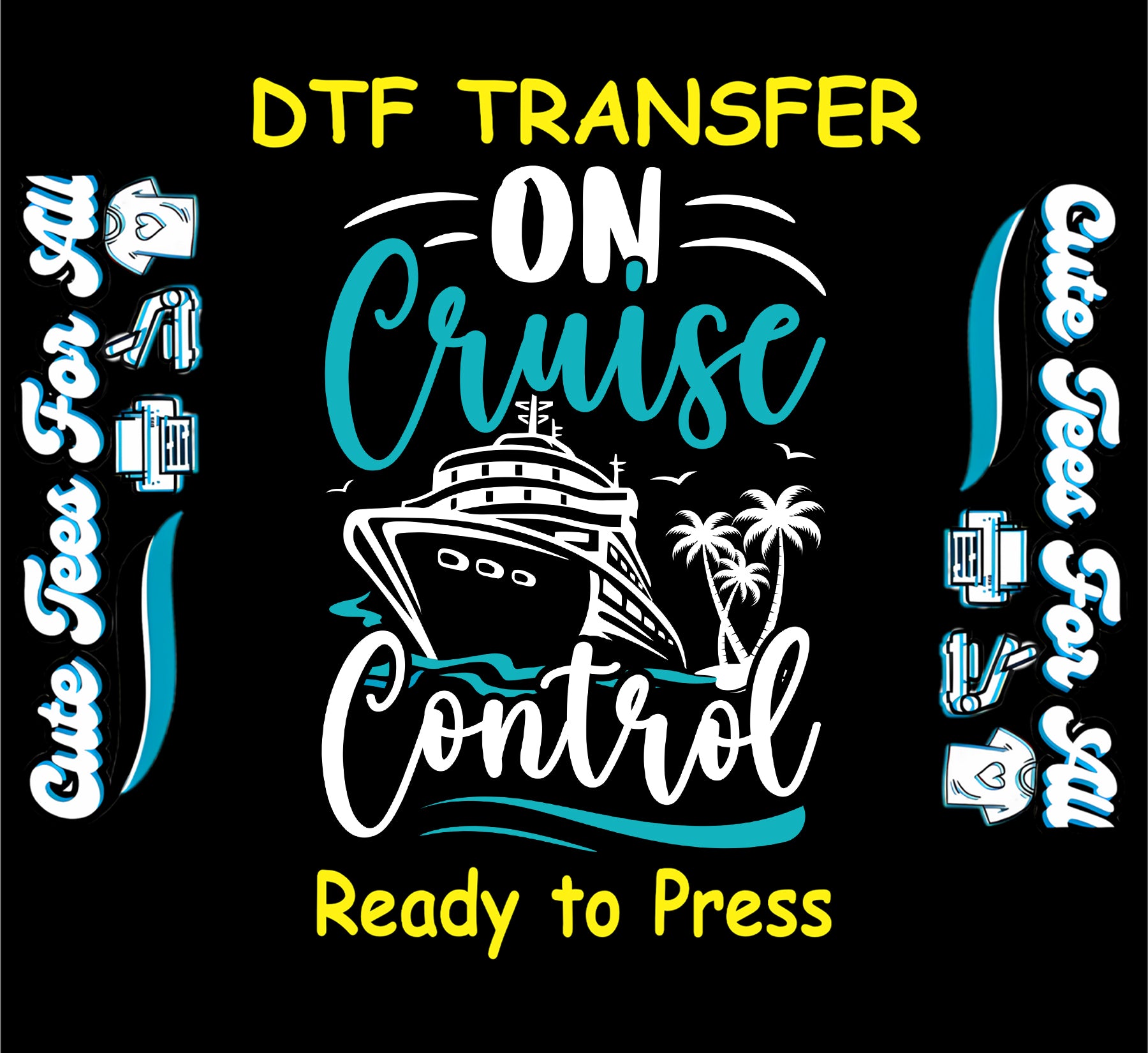 Cruise ship graphic with palm trees and text saying On Cruise Control in teal and white.