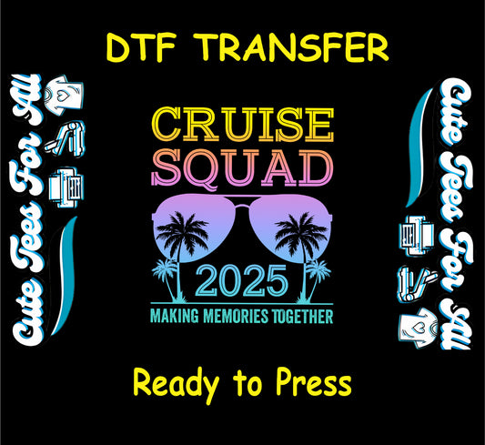 Cruise Squad 2025 sunglasses with palm trees DTF transfer for group vacations.