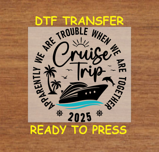 Cruise Trip 2025 DTF transfer with ship, palm trees, dolphin, and funny quote.