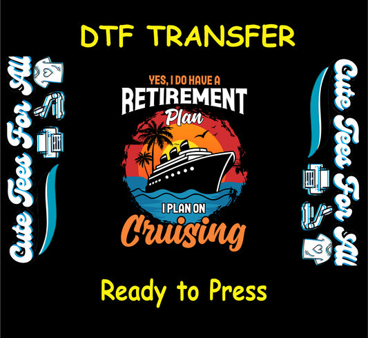 Retirement Plan DTF transfer with cruise ship, sunset, palm trees, and ocean waves.