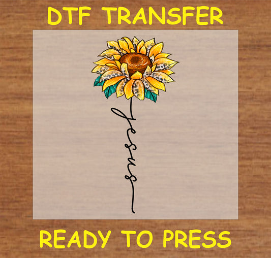 "Sunflower DTF Transfer featuring the name Jesus for inspirational designs"