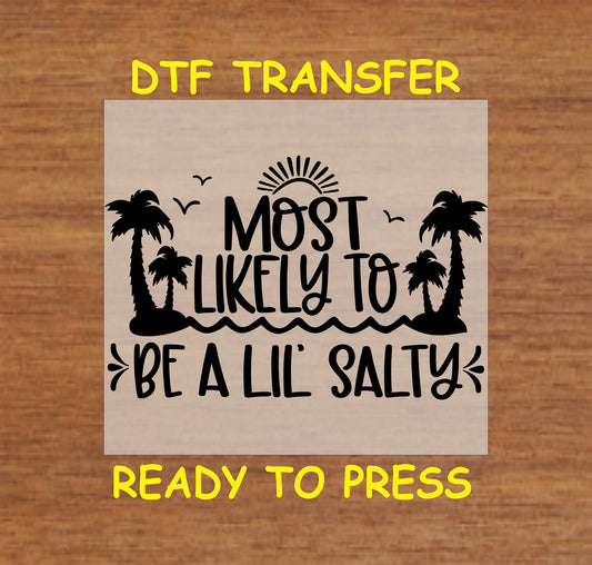 Most Likely to Be a Lil' Salty cruise DTF transfer with palm trees, waves, birds, and sun accents.