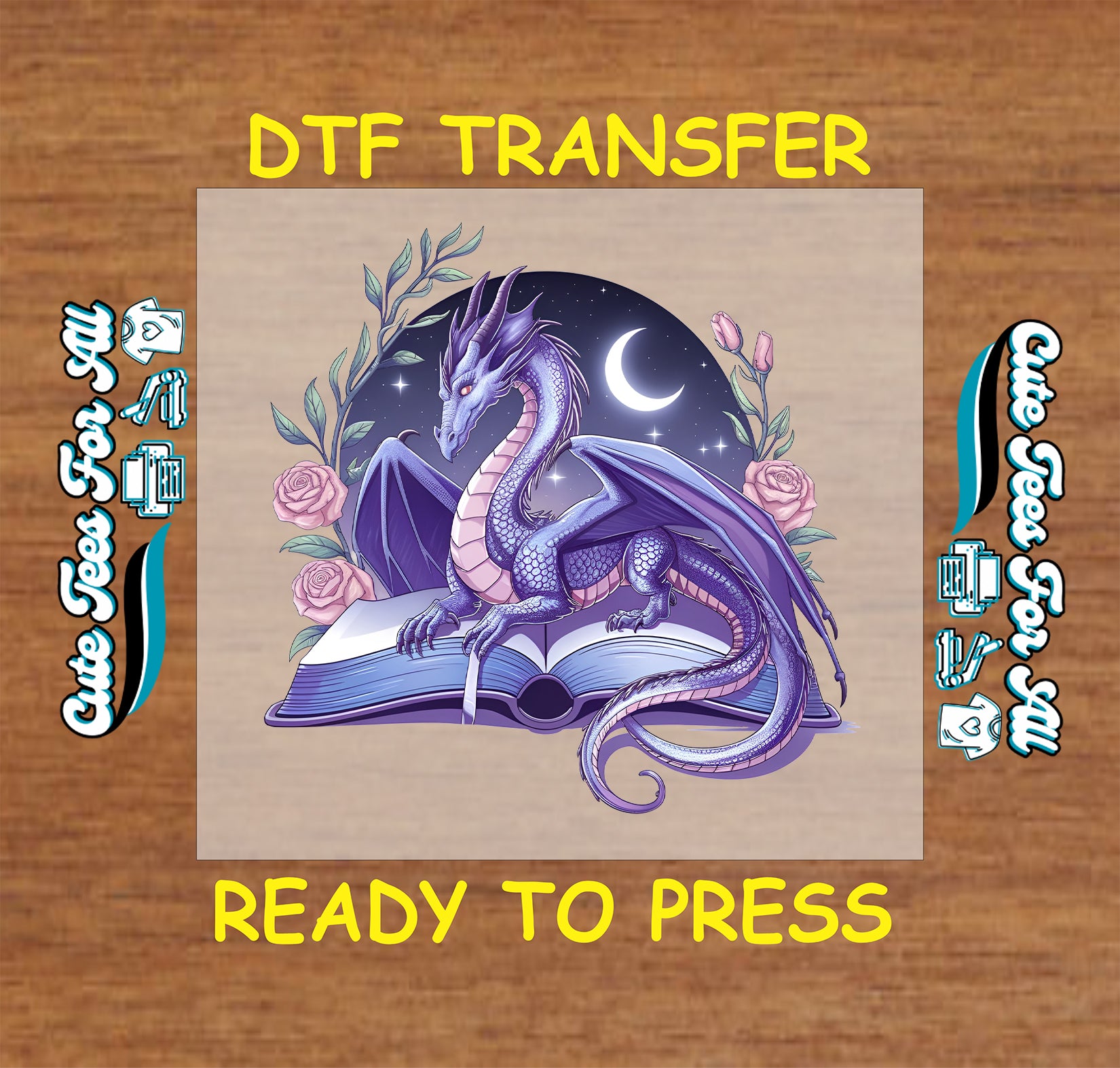 Purple dragon on open book DTF transfer with moon, stars, and pink roses.