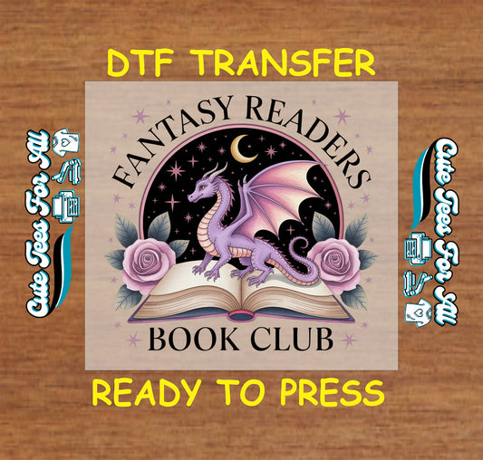 Fantasy Readers Book Club DTF transfer with purple dragon, open book, pink roses, and moon.
