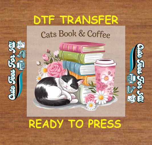 Cats Book and Coffee DTF transfer with cat, books, coffee cup, and pink roses.