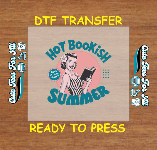 Hot Bookish Summer DTF transfer with retro woman holding book and pastel background.