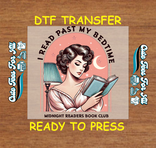 I Read Past My Bedtime DTF transfer with vintage woman reading under a lamp with a moon and stars.
